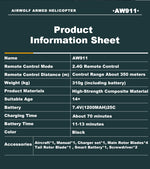 WOLFBUSH AW-911 Airwolf 1/34 Scale RC Helicopter Smart GPS 2.4G 9CH 6G/3D Stunt RC Airplane - stirlingkit