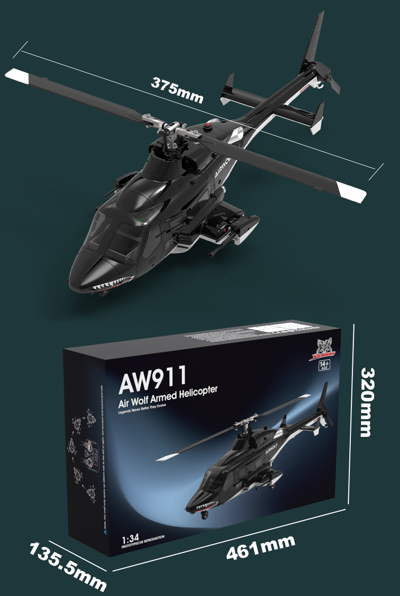 WOLFBUSH AW-911 Airwolf 1/34 Scale RC Helicopter Smart GPS 2.4G 9CH 6G/3D Stunt RC Airplane - stirlingkit