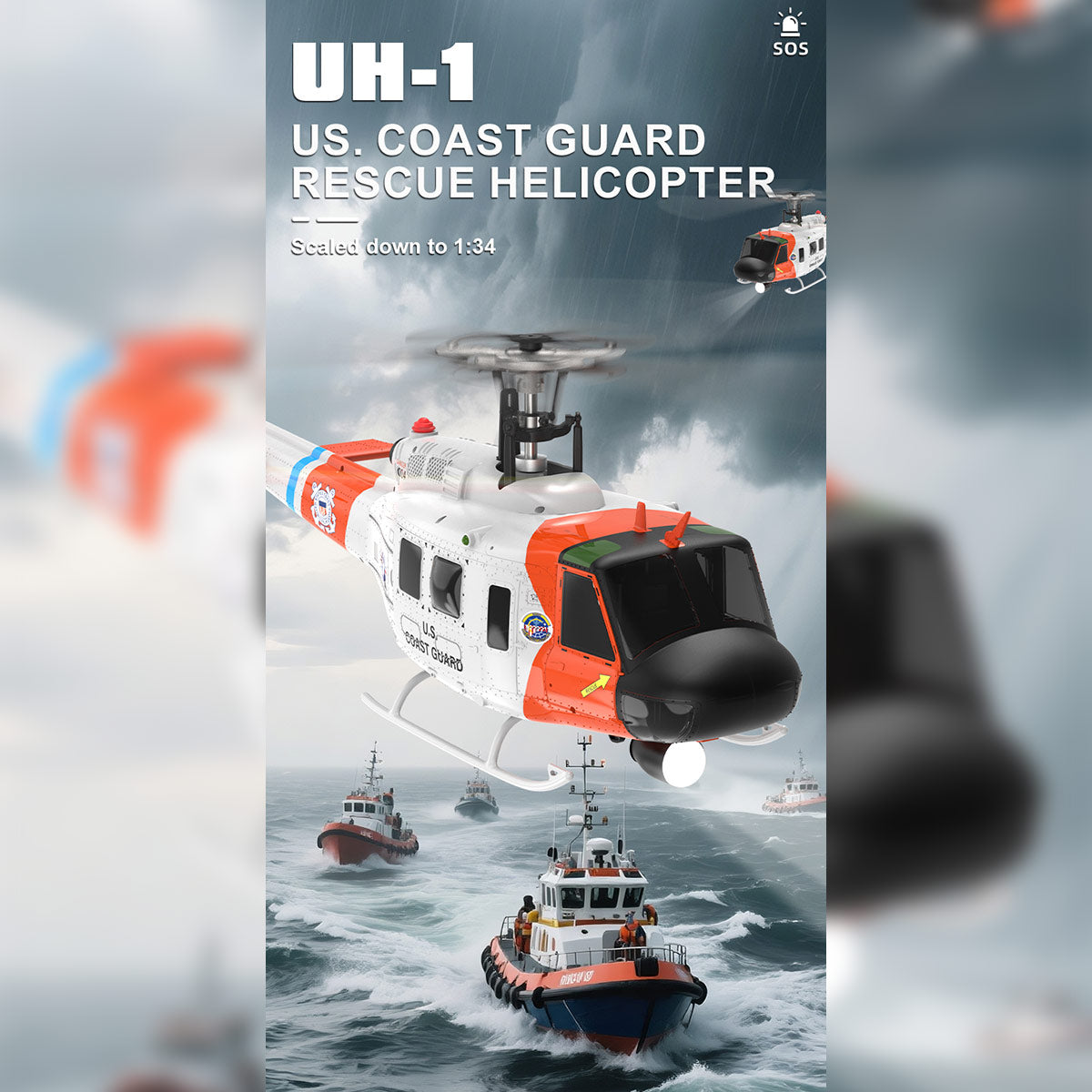 WOLFBUSH × YU XIANG F07S Micro Scale F07S UH-1 Huey 1/34 RTF GPS Rescue RC Helicopter - stirlingkit