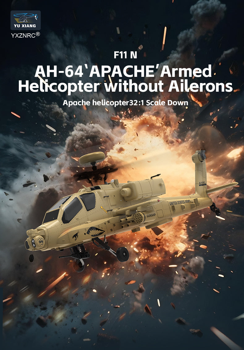 WOLFBUSH & YU XIANG F11-N AH64 RC Apache Attack Helicopter 6G/3D with Optical Flow Altitude 1/32 Hold RTF - stirlingkit