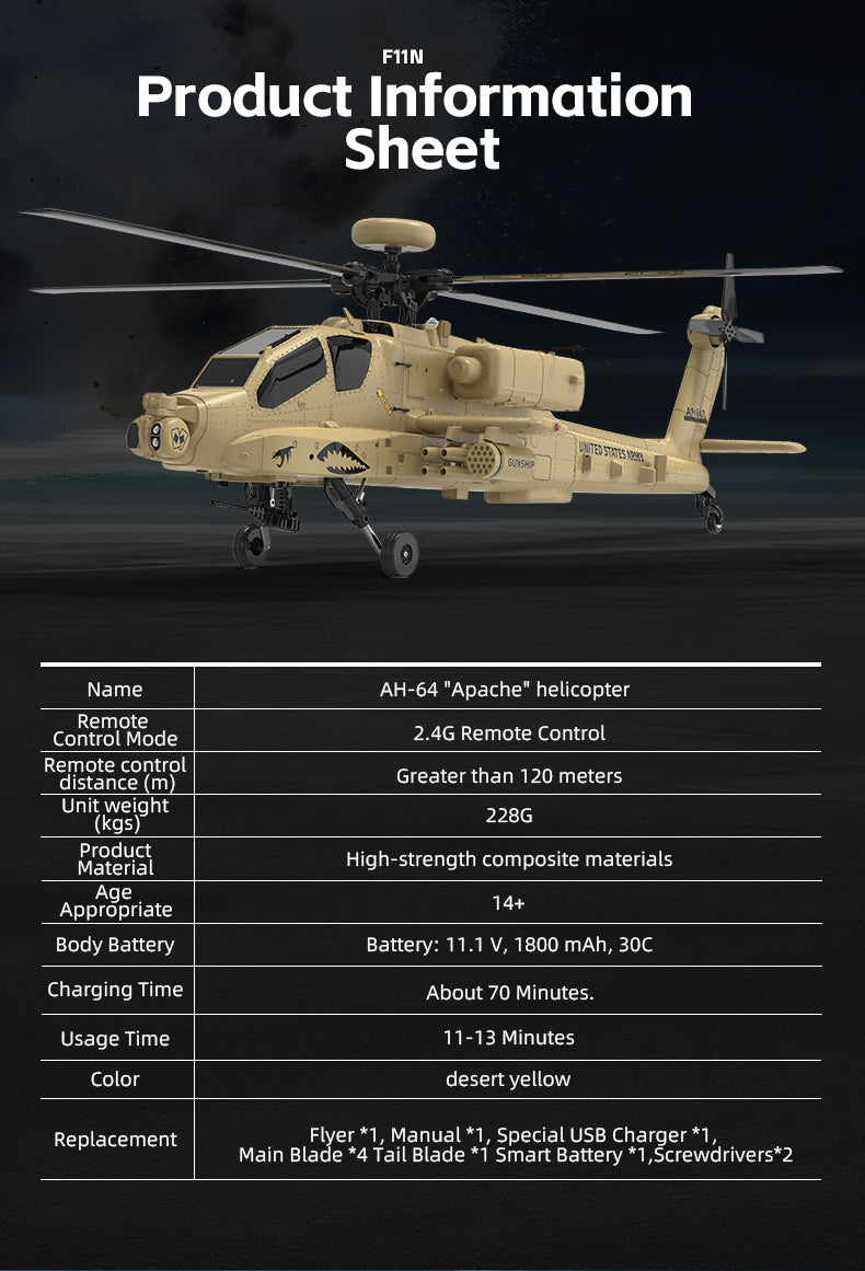 WOLFBUSH & YU XIANG F11-N AH64 RC Apache Attack Helicopter 6G/3D with Optical Flow Altitude 1/32 Hold RTF - stirlingkit
