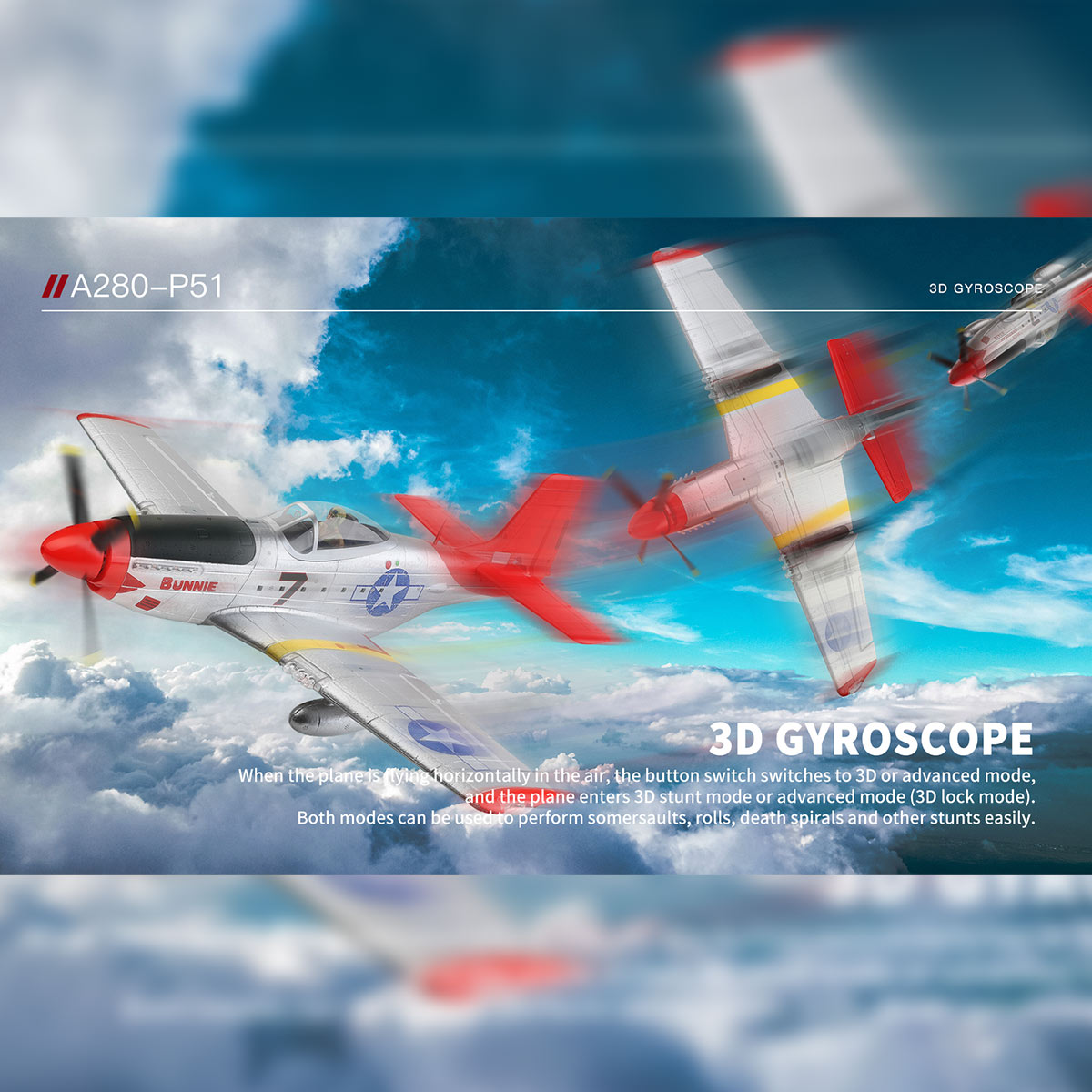 XK A280 Warbird P-51 Beginner RC Plane Kits 3D/6G 2.4G 560mm Wingspan EPP RTF - stirlingkit