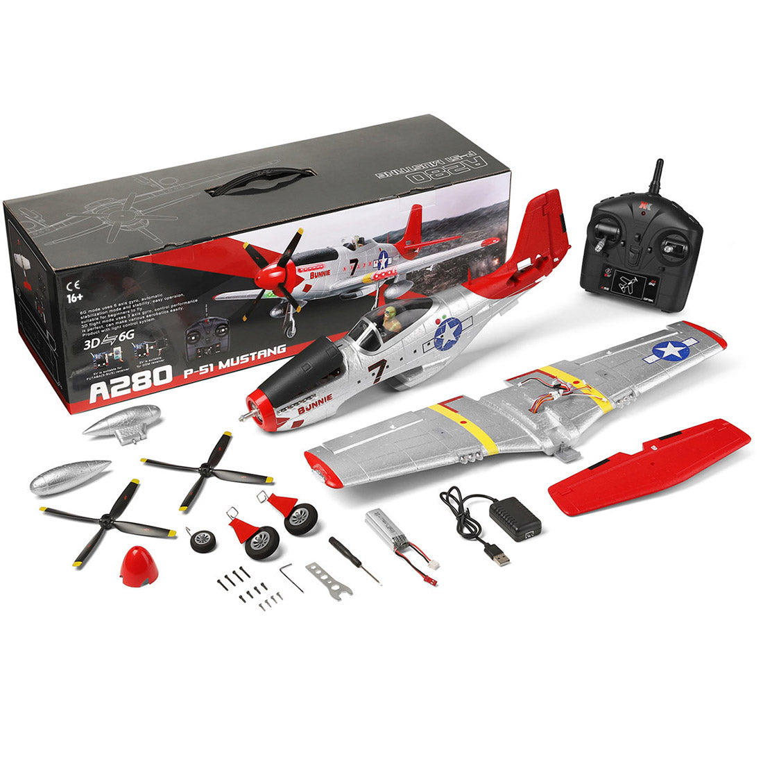 XK A280 Warbird P-51 Beginner RC Plane Kits 3D/6G 2.4G 560mm Wingspan EPP RTF - stirlingkit