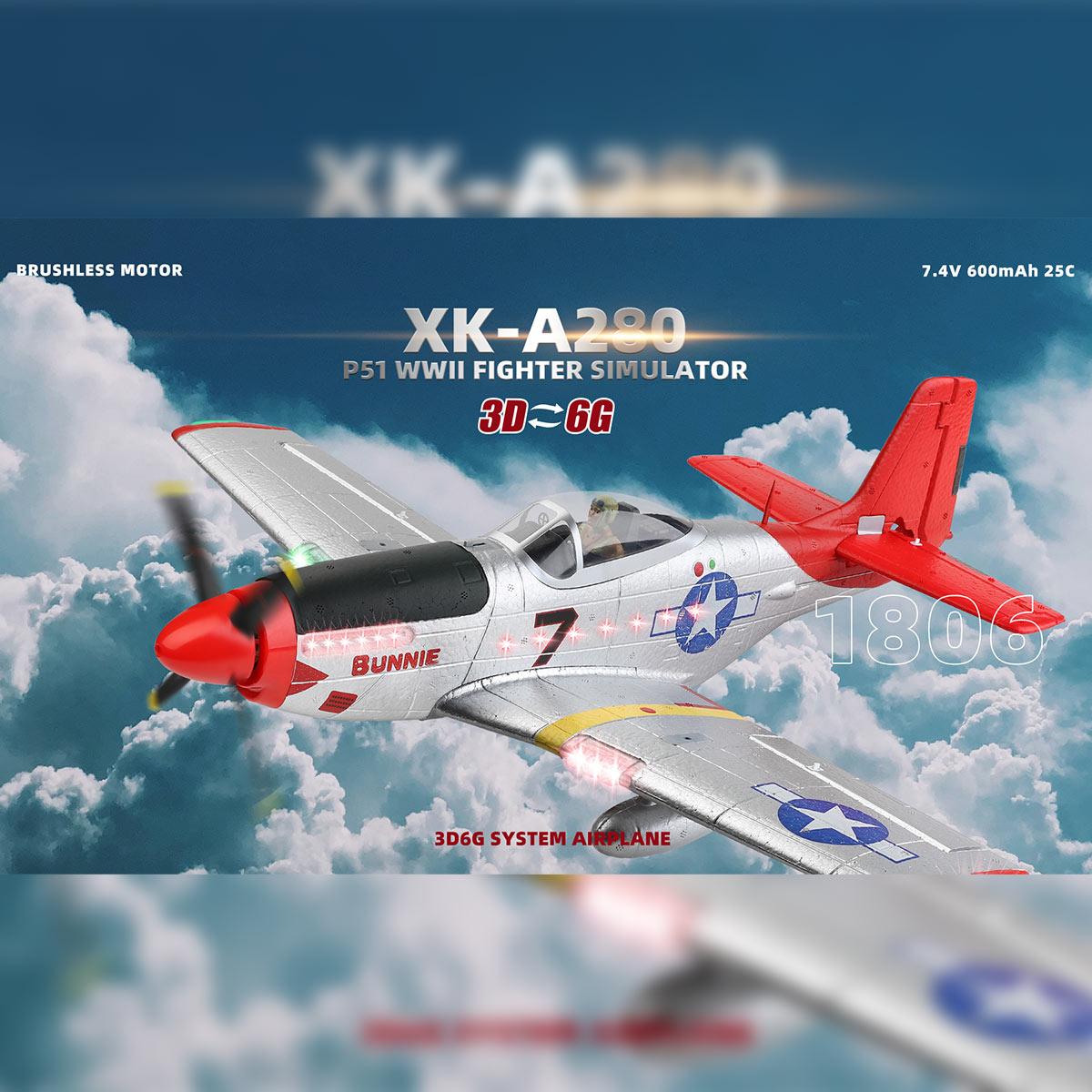 XK A280 Warbird P-51 Beginner RC Plane Kits 3D/6G 2.4G 560mm Wingspan EPP RTF - stirlingkit