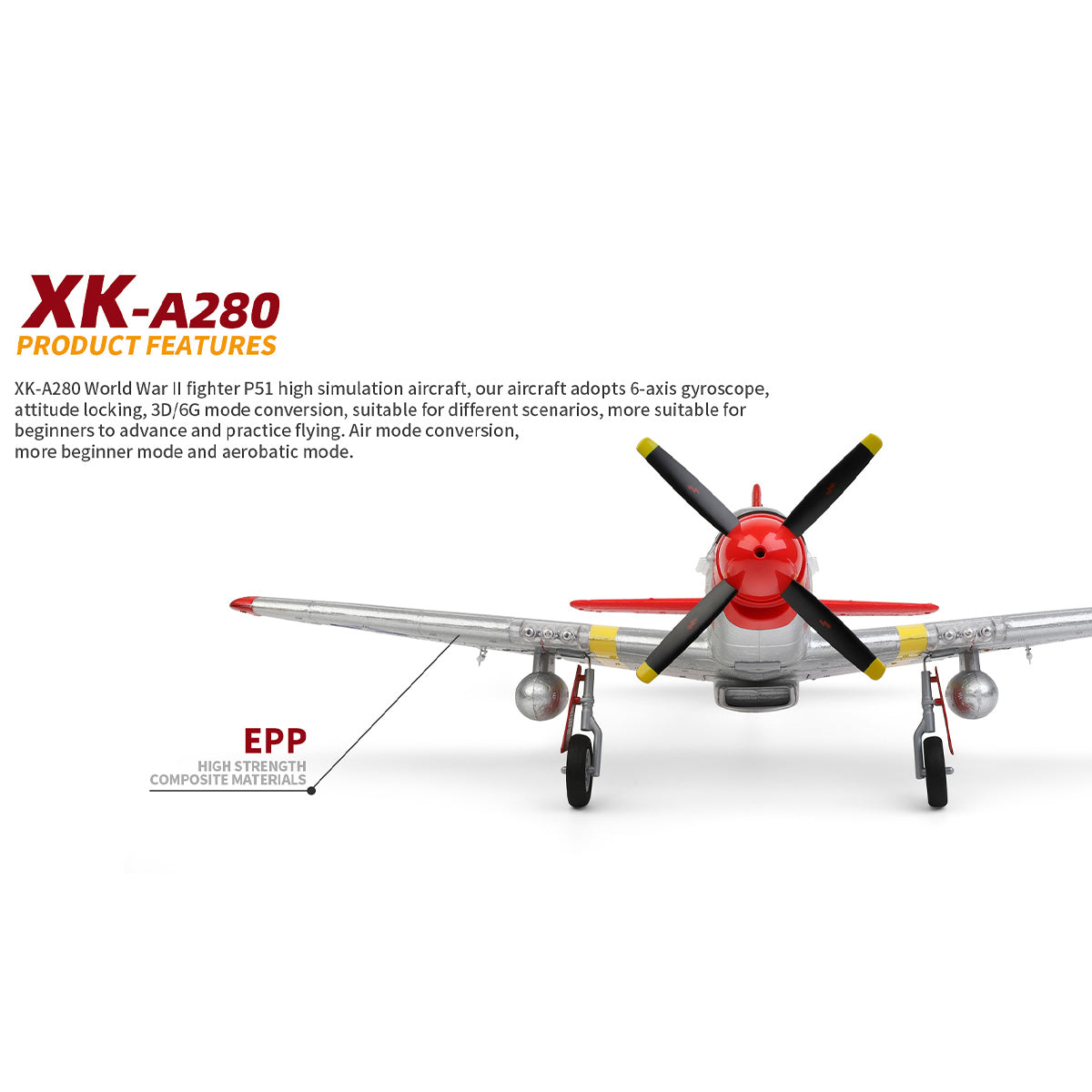 XK A280 Warbird P-51 Beginner RC Plane Kits 3D/6G 2.4G 560mm Wingspan EPP RTF - stirlingkit