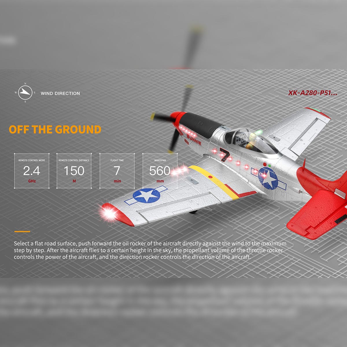 XK A280 Warbird P-51 Beginner RC Plane Kits 3D/6G 2.4G 560mm Wingspan EPP RTF - stirlingkit