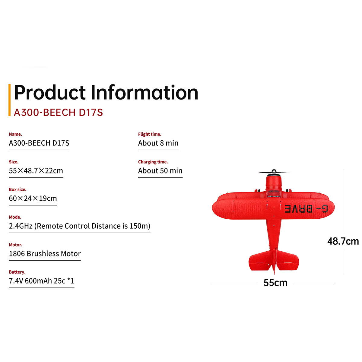 XK A300 Beech D17S Brushless RC Airplane Ready To Fly Biplane Kits - stirlingkit
