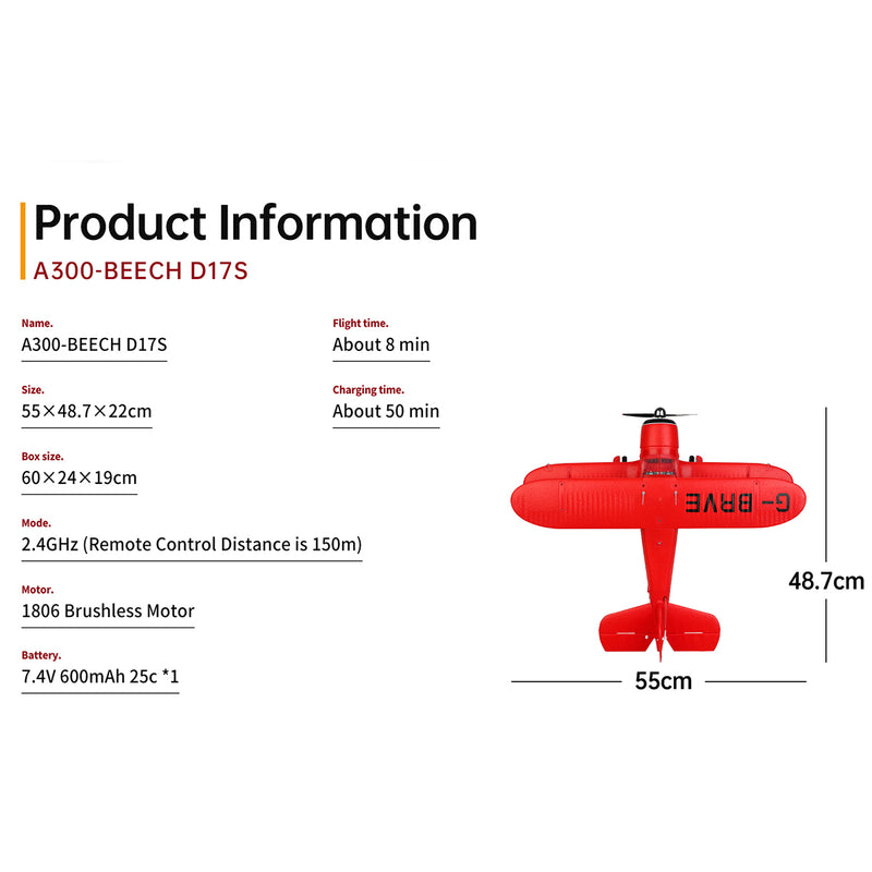 XK A300 Beech D17S Brushless RC Airplane Ready To Fly Biplane Kits - stirlingkit