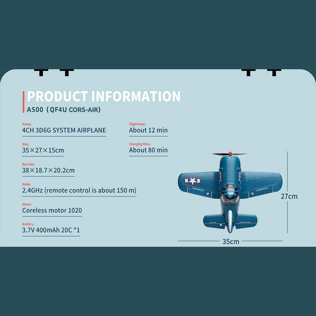 XK A500 Cors-air F4U Cartoon Fattie Plane RTF 3D/6G 2.4G 4CH RC EPP Fixed-Wing Airplane Model - stirlingkit