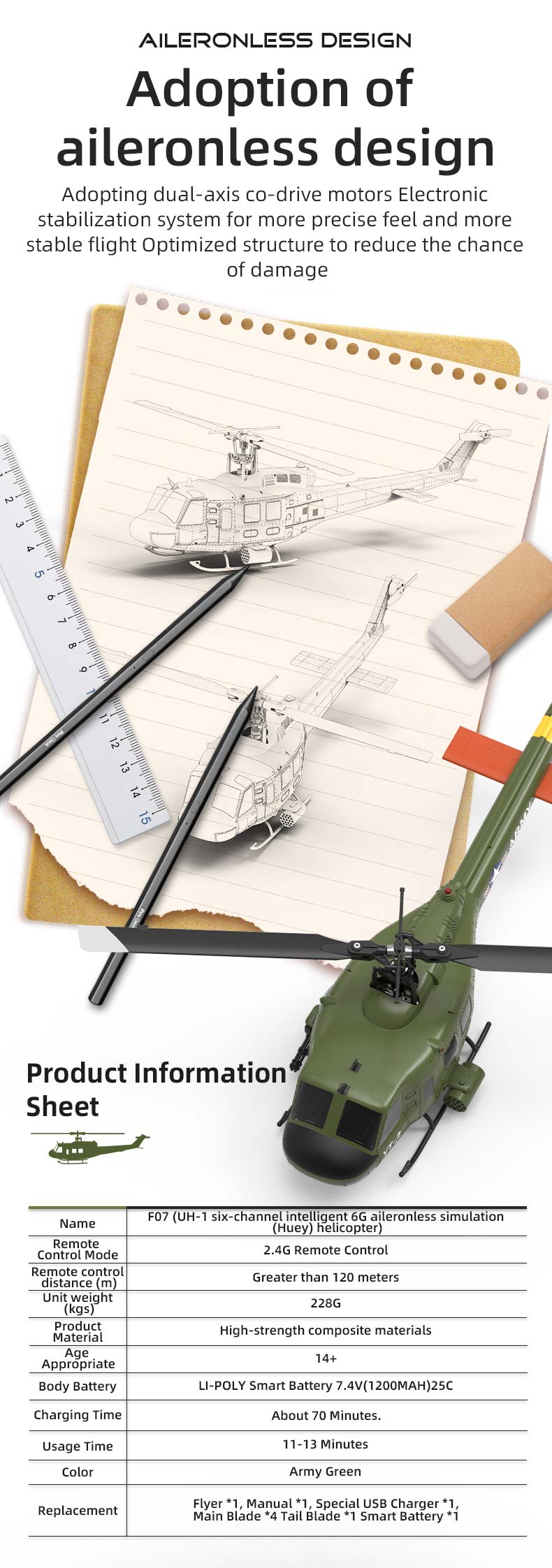 ExploTex F07 UH-1 Huey Hélicoptère RC 1/34, Modèle Dhélicoptère 2.4G ExploTex F07 UH-1 Huey Hélicoptère RC 1/34, Modèle Dhélicoptère 2.4G