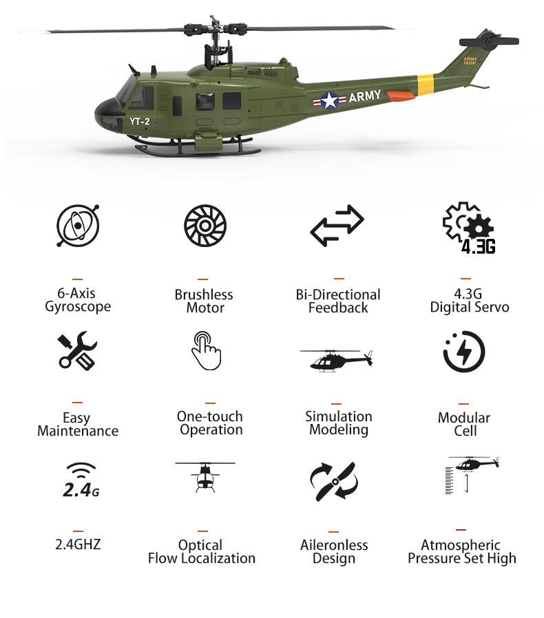 YU XIANG F07 UH-1 Huey 2.4G 6CH 1/34 Scale RC Military Helicopter Flybarless Helicopter Model Easy to Fly - stirlingkit