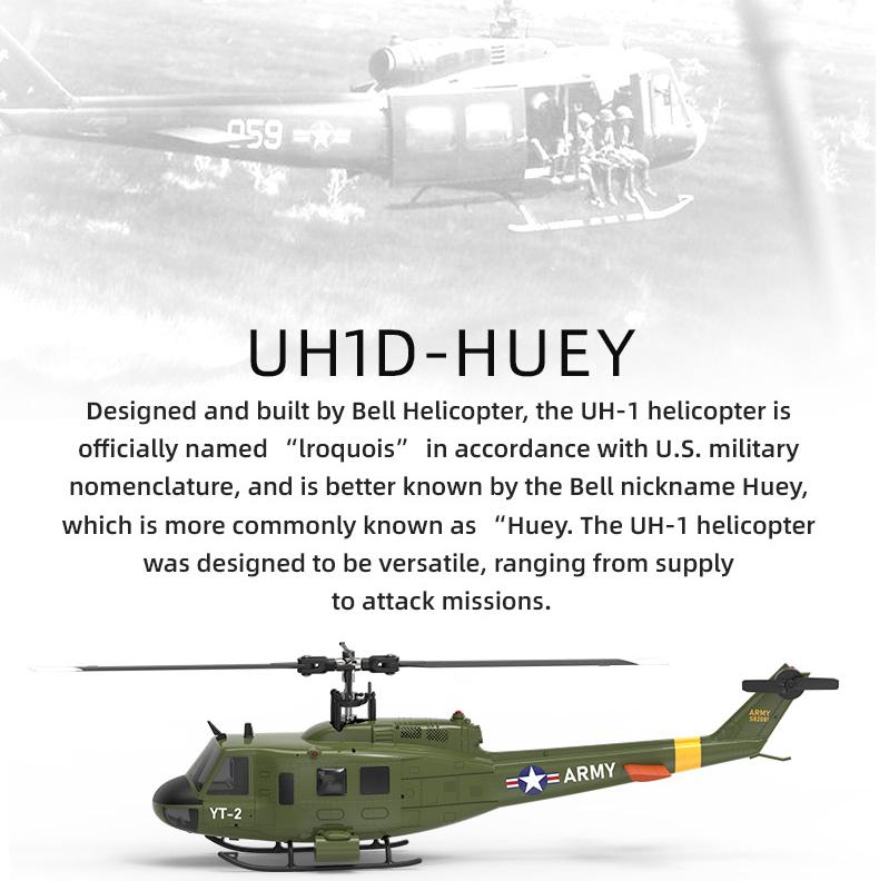 YU XIANG F07 UH-1 Huey 2.4G 6CH 1/34 Scale RC Military Helicopter Flybarless Helicopter Model Easy to Fly - stirlingkit