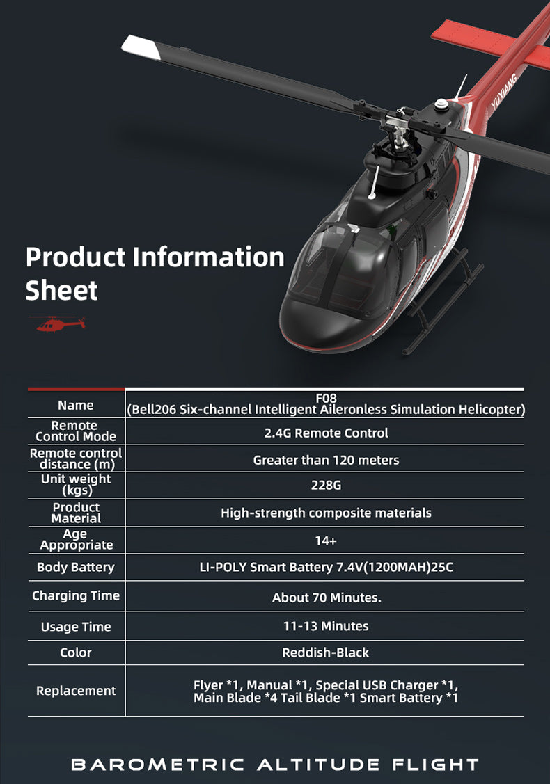 YU XIANG F08 Bell 206 Brushless Beginner Helicopter 2.4G 6CH Flybarless RC Helicopter Model RTF - stirlingkit