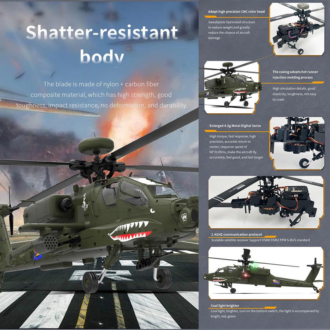 YU XIANG F11 AH-64 Apache RC Helicopter Model 1/32 Scale 2.4G 6CH - stirlingkit