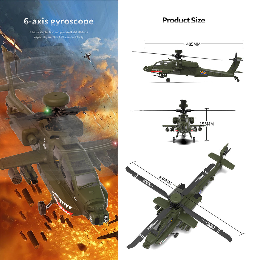 YU XIANG F11 AH-64 Apache RC Helicopter Model 1/32 Scale 2.4G 6CH - stirlingkit