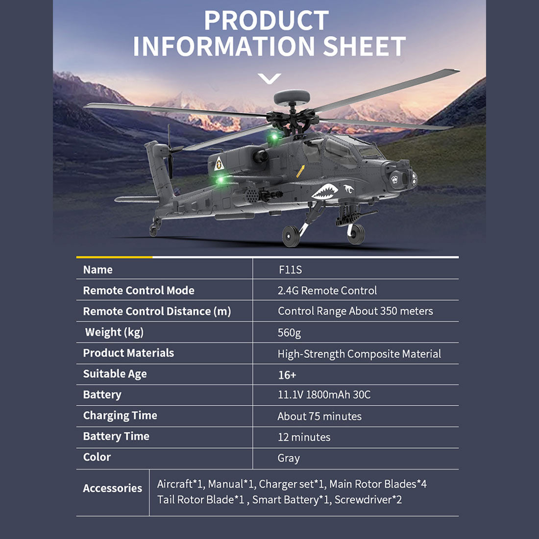 YU XIANG F11-S AH64 Apache RC Helicopter 1/32 2.4G 6CH RTF GPS Smart Version - stirlingkit