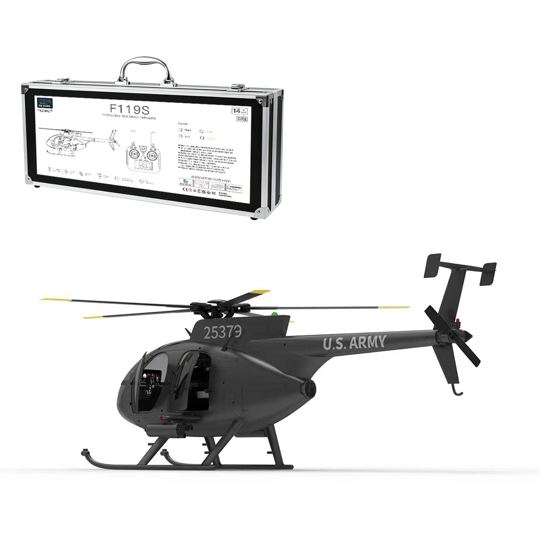 YU XIANG F119S MD500 MH-6 Little Bird Military GPS RC Helicopter Model RTF 1/16 Scale 250-Class 2.4G 9CH 6G/3D & Openable Cockpit - stirlingkit