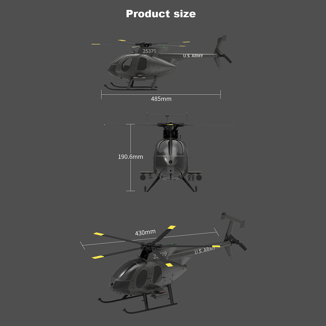 YU XIANG F119S MD500 MH-6 Little Bird Military GPS RC Helicopter Model RTF 1/16 Scale 250-Class 2.4G 9CH 6G/3D & Openable Cockpit - stirlingkit