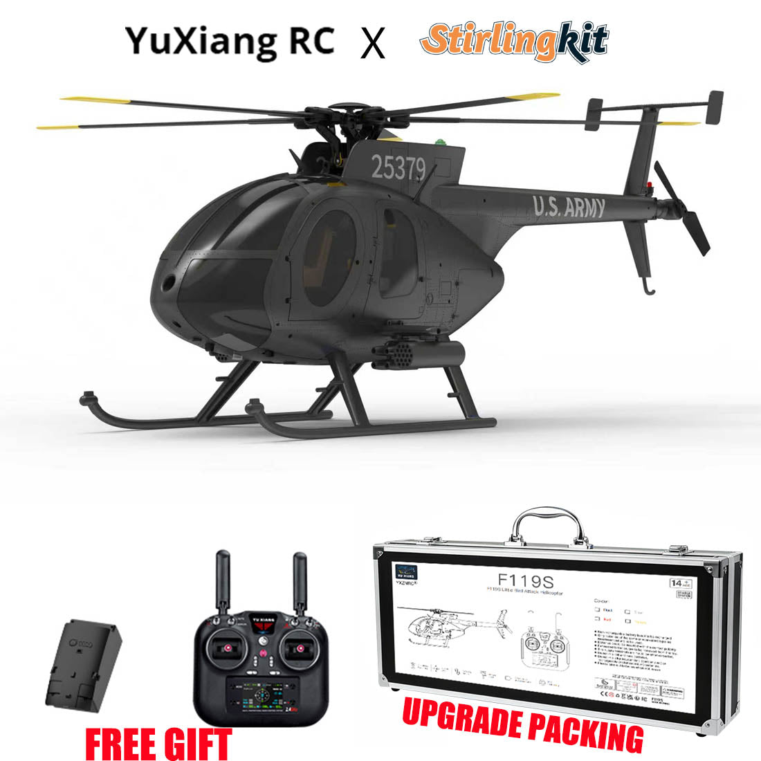 YU XIANG F119S MD500 MH-6 Little Bird Military GPS RC Helicopter Model RTF 1/16 Scale 250-Class 2.4G 9CH 6G/3D & Openable Cockpit - stirlingkit