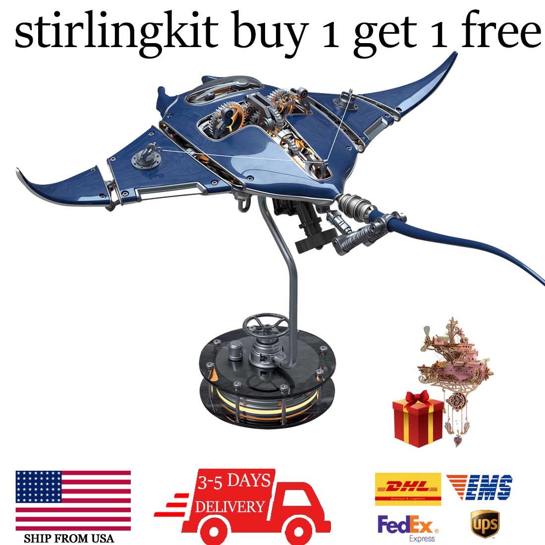 Steampunk Mobula Manta Ray Mechanical 3D Metal Model Building Kits 200+PCS - stirlingkit