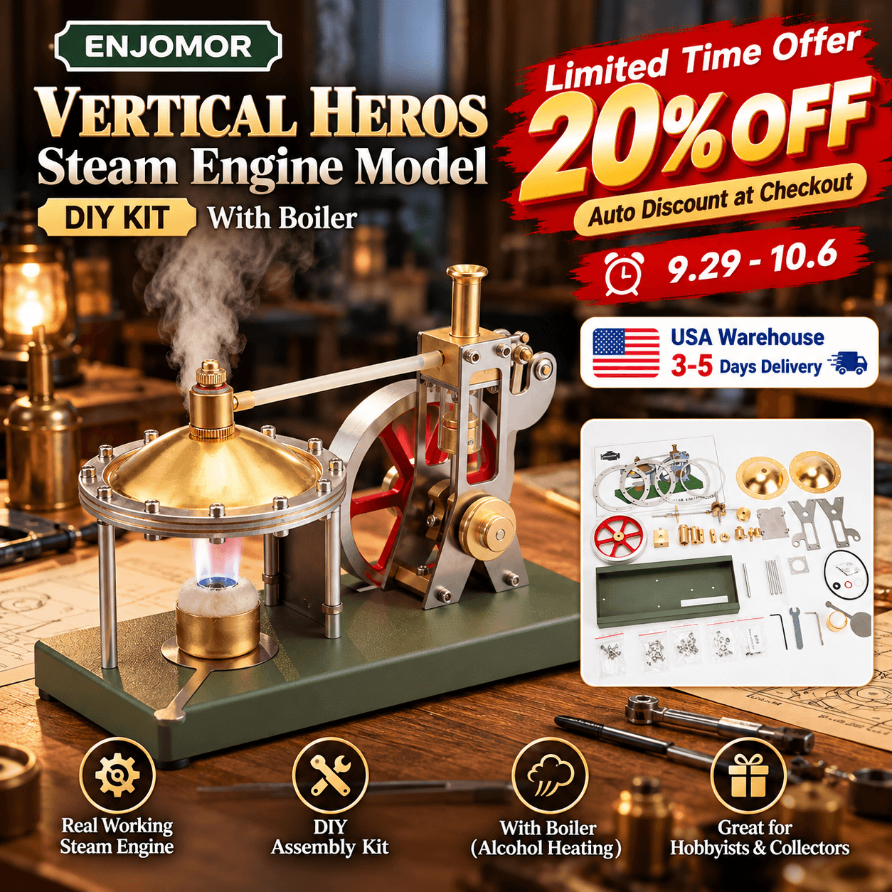 Assembly UFO Spin Suspension Hero's Steam Engine with Copper Boiler
