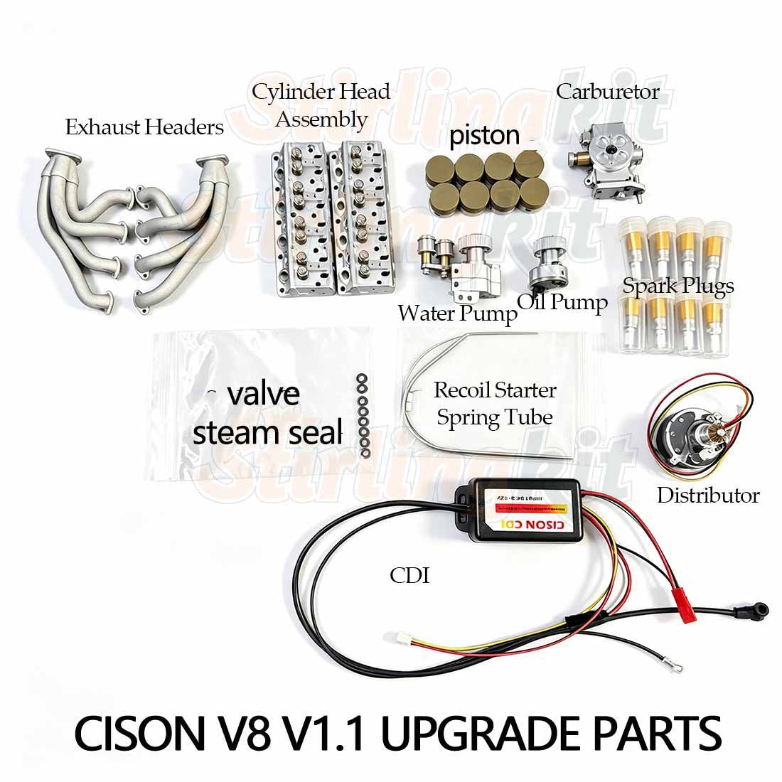 CISON V8 V1.1 upgrade kit contents - distributor, CDI, carburetor, cylinder head assembly, water pump, oil pump, spark plugs, stem seals, exhaust pipes and recoil starter spring tube