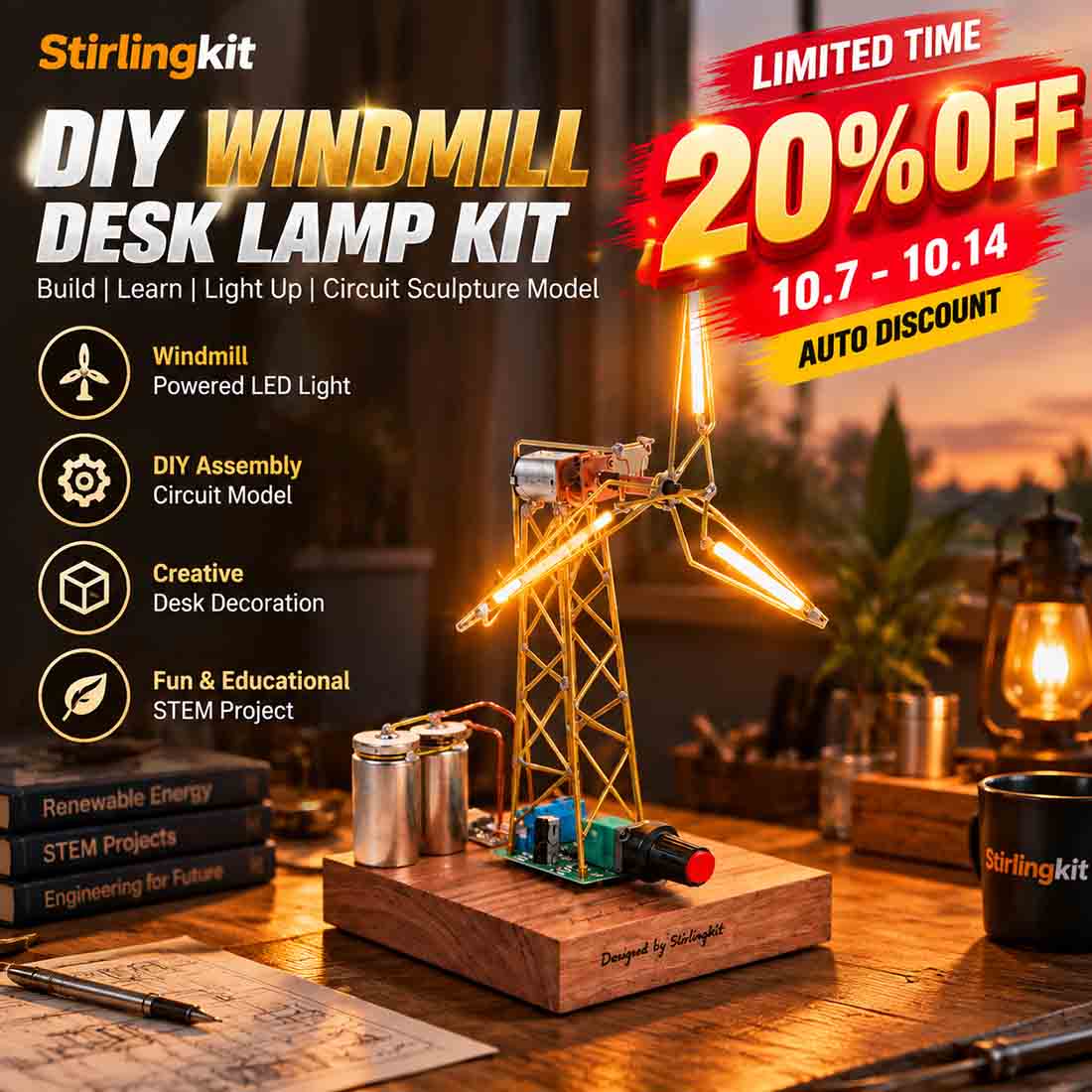 Build Your Own Windmill Desk Lamp DIY Kits Circuit Sculpture Model - stirlingkit