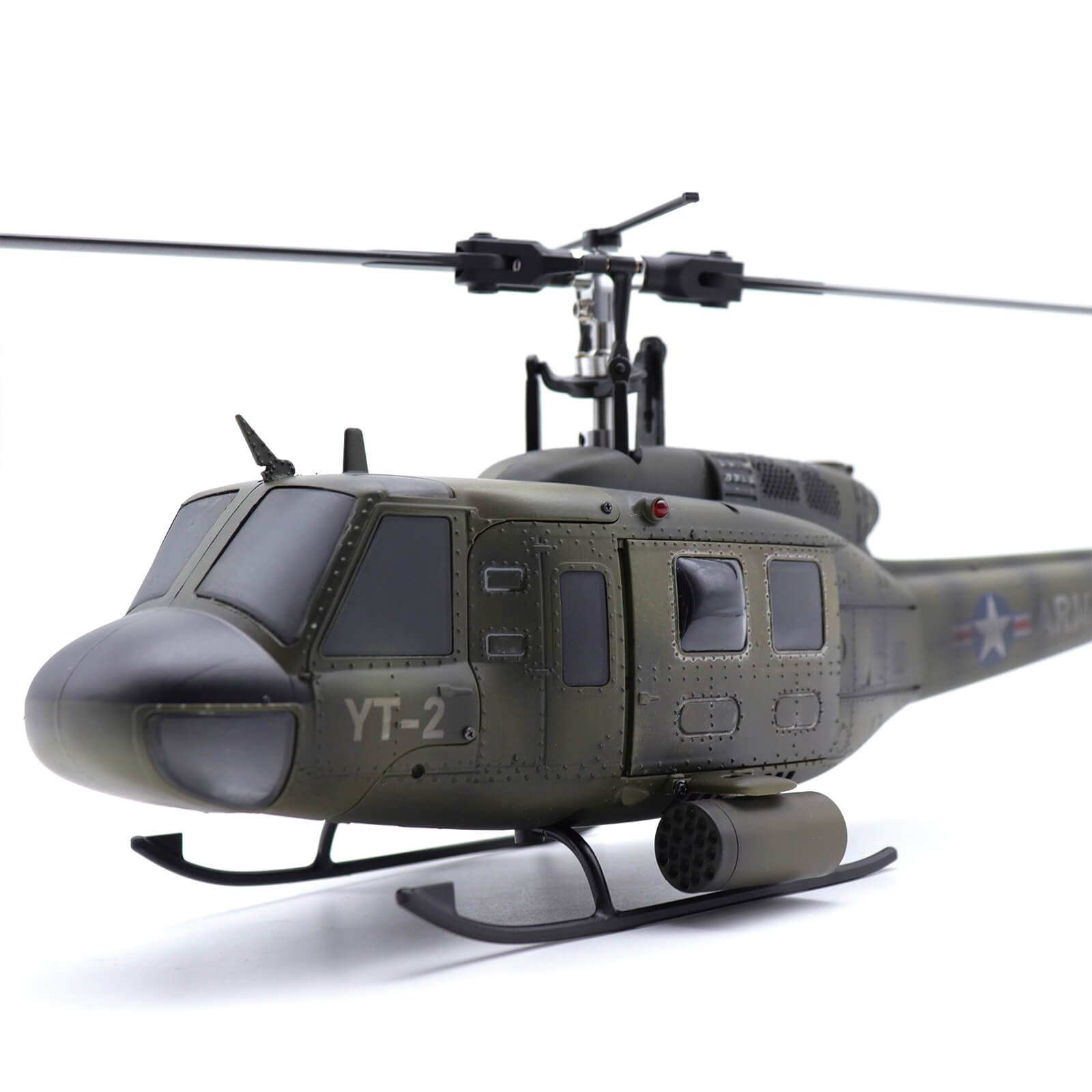 F07 UH-1 Huey RC helicopter with hand-weathered battle-worn finish by Stirlingkit studio - faded olive drab, exhaust staining and worn skids