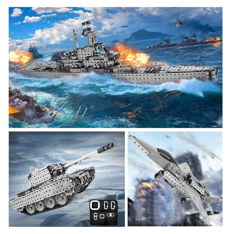 2493PCS+ DIY metal Assembly Educational Toy For Land, Sea And Air (Battleship + Tank + Fighter) - stirlingkit