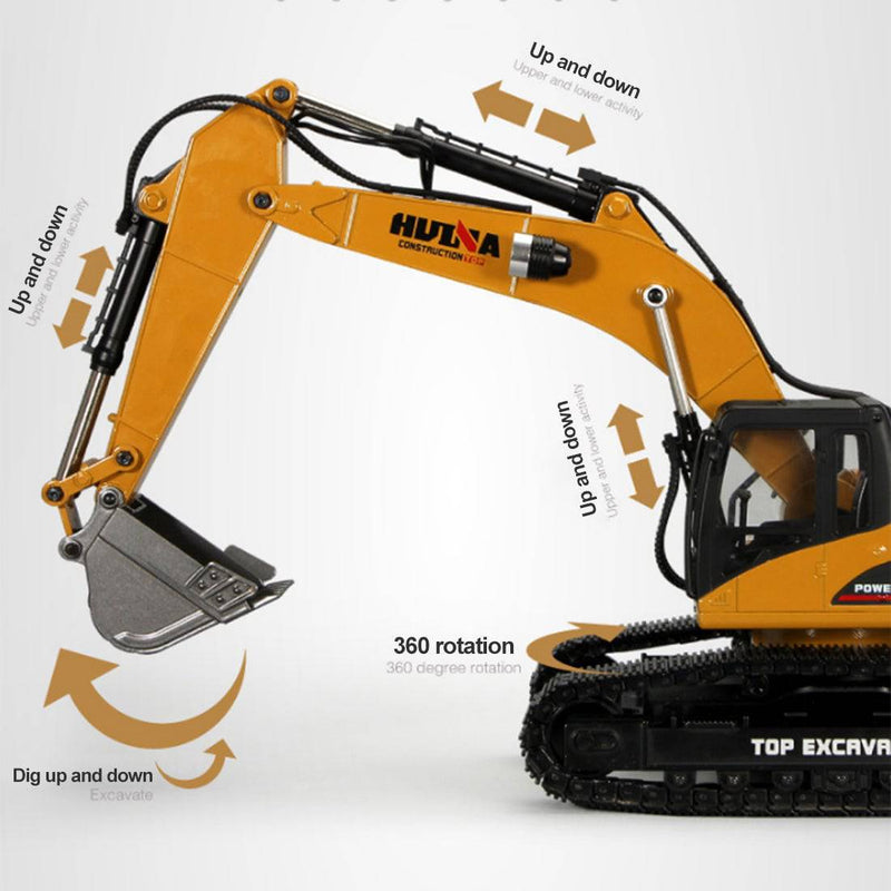 Huina 1/14 3-in-1 Engineering Construction Vehicle Crusher Timber Grab Truck 2.4G RC Simulation Excavator Toy with Smoke LED Light Effect - stirlingkit