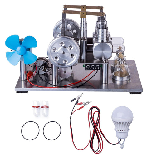 2 Cylinders Hot Air Balance Type Generator Stirling Engine Model with Voltage Meter Bulb Fan Physical Experiment Educational Toy - stirlingkit