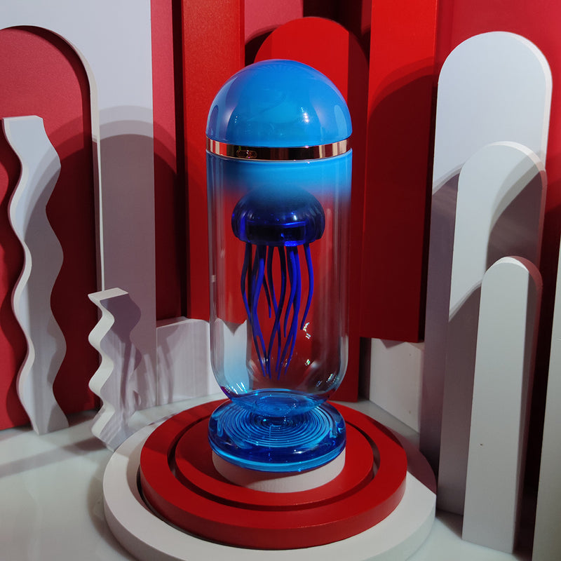 Blue Mechanical Capsule Jellyfish Model Artistic with Glass Cover - stirlingkit