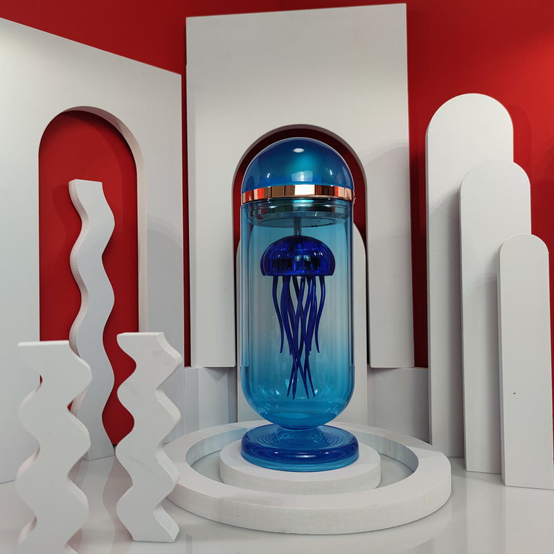 Blue Mechanical Capsule Jellyfish Model Artistic with Glass Cover - stirlingkit