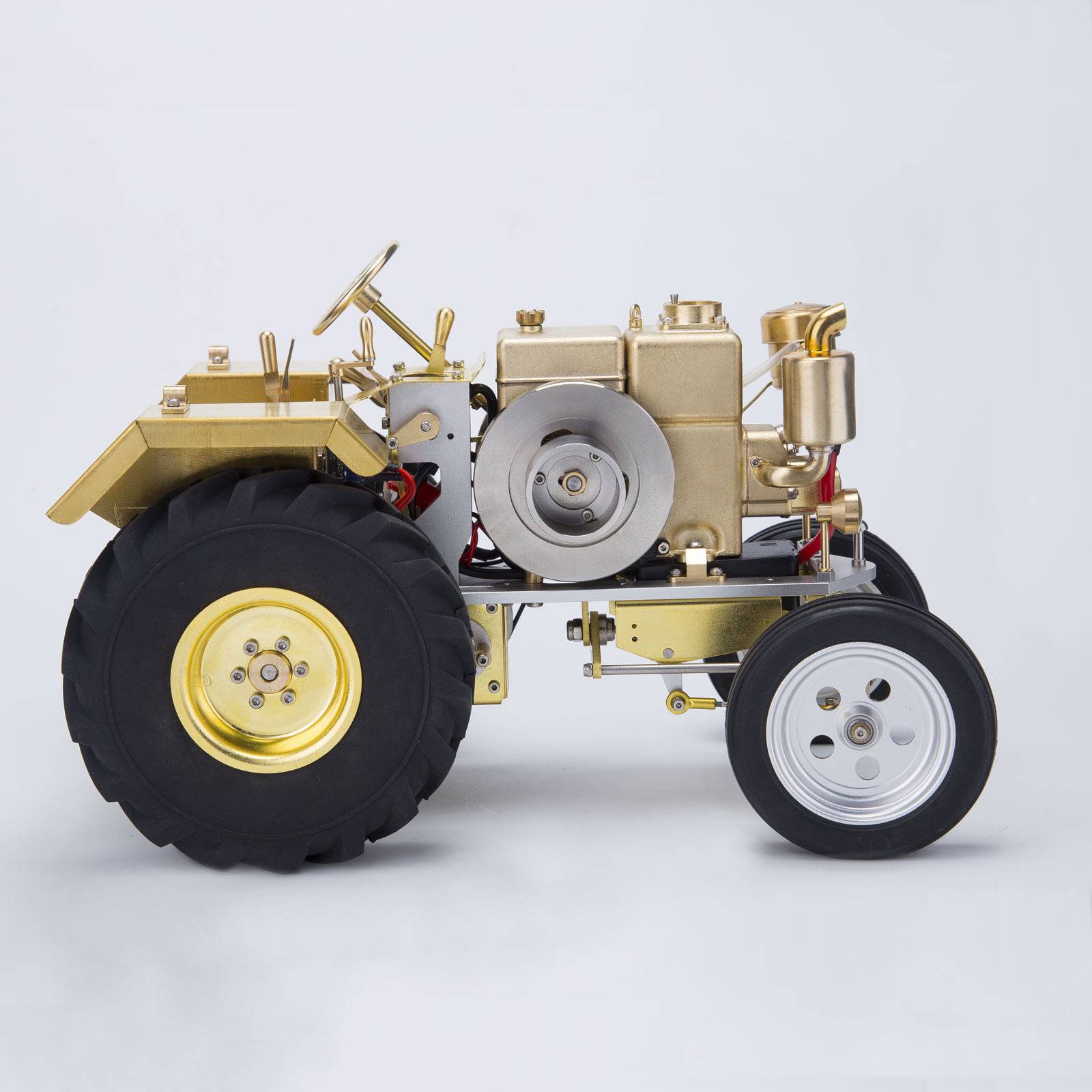 Brass Gas Powered Roller Tractor Vehicle Model with Mini Horizontal Water-cooled Engine - stirlingkit