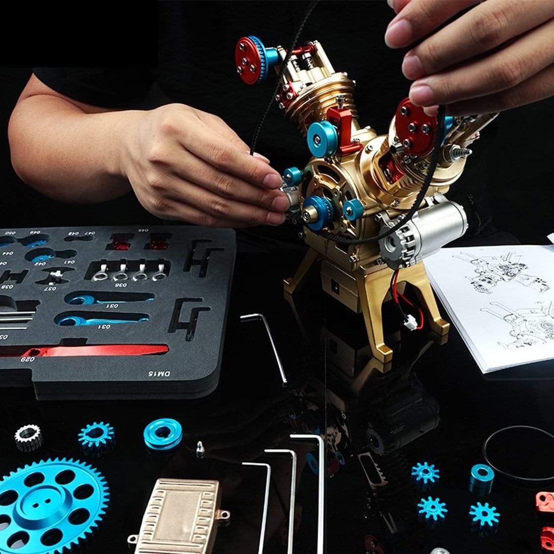 Car Engine Model Allmetal Mini Manual Assembly V2 Doublecylinder Toy Collection Decoration
