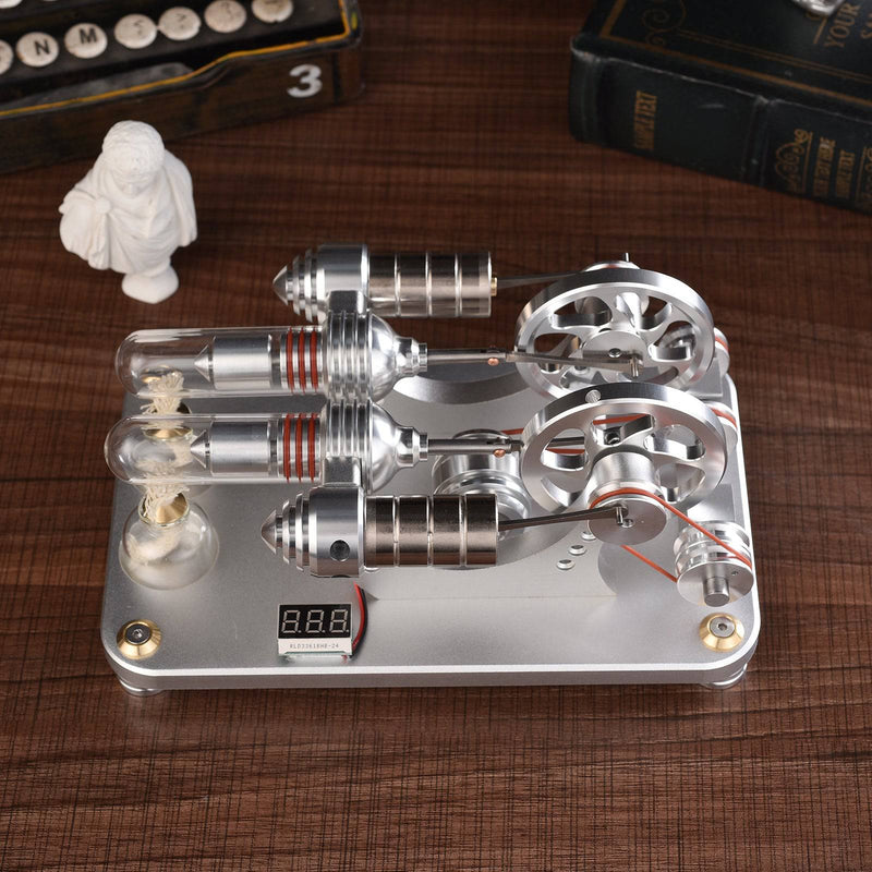 Custom 2 Cylinders Hot Air Stirling Engine Model Generator with Voltage Meter & LED Lamp Bead - stirlingkit