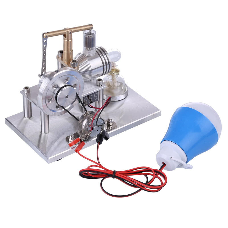 Custom Balance Type Hot Air Single Cylinder Stirling Engine Generator Model with  LED Bulb & Voltage Digital Display Meter - stirlingkit