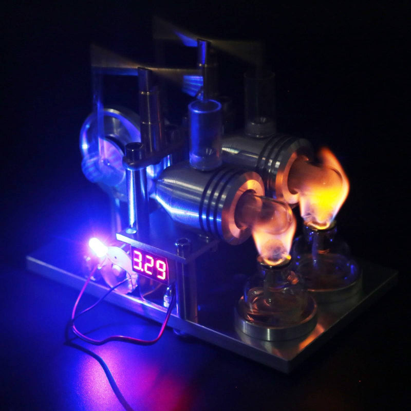 Custom Stirling Engine 2 Cylinders Hot Air Generator Model with Voltage Meter LED Bulb Science Experiment Educational Toy - stirlingkit