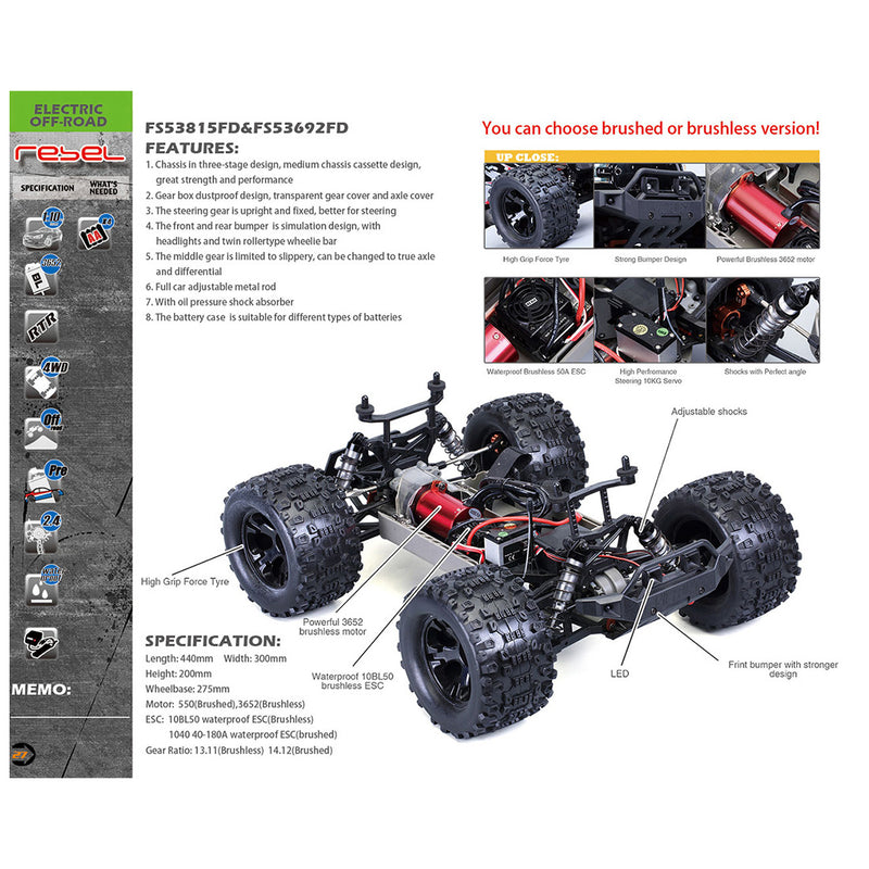 FS Racing 1/10 4WD High Speed Brushless Remote Control Car with Body ESC Motor 2.4G - stirlingkit