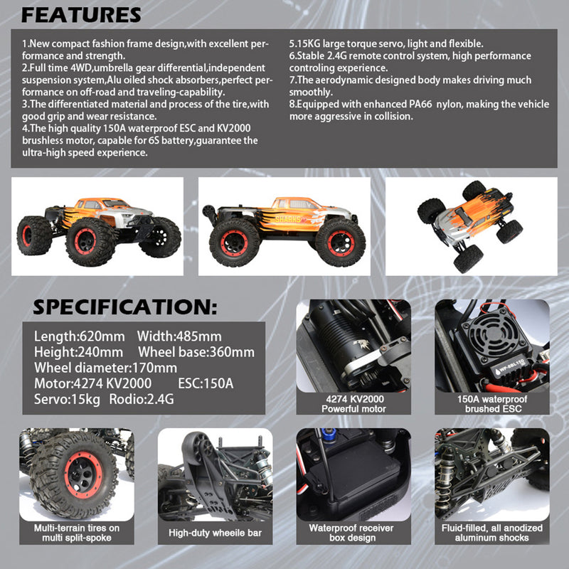 FS Racing 1/8 6s  4WD 2.4G High Speed Brushless Remote Control Car with Body ESC Motor - stirlingkit