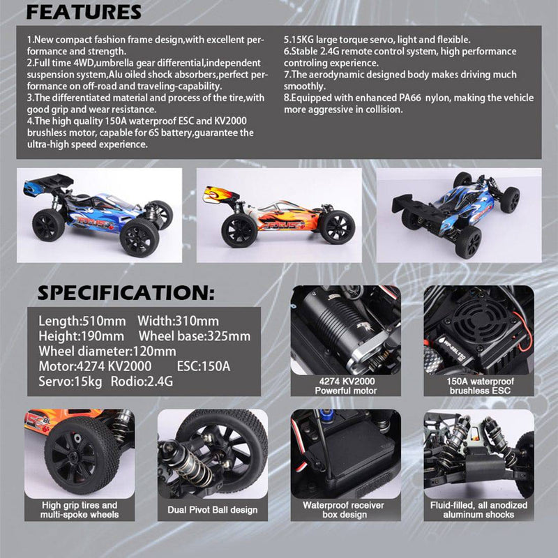 FS Racing 1/8 Off-road Vehicle 4WD High Speed Brushless RC Car with Body ESC Motor 2.4G - stirlingkit