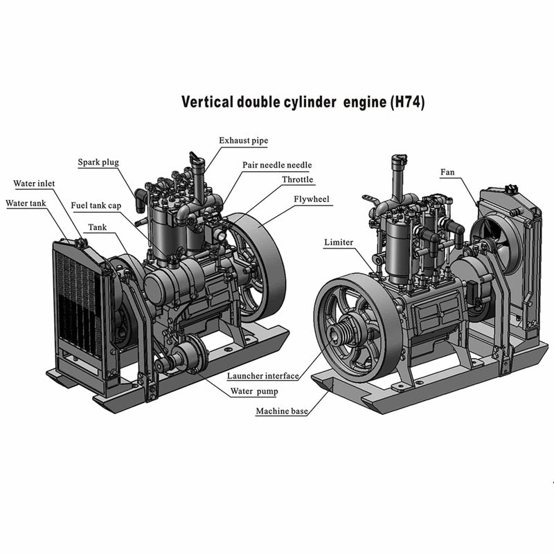 H74 5cc 4-Stroke 2-Cylinder Water Cooled Gasoline Internal Combustion Engine Model - stirlingkit