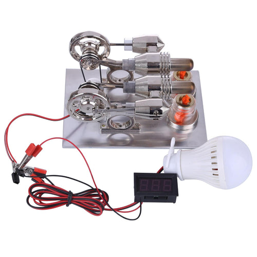 Hot Air 2 Cylinders Stirling Engine Model with Voltage Digital Display Meter Led Bulb Sterling Generator - stirlingkit