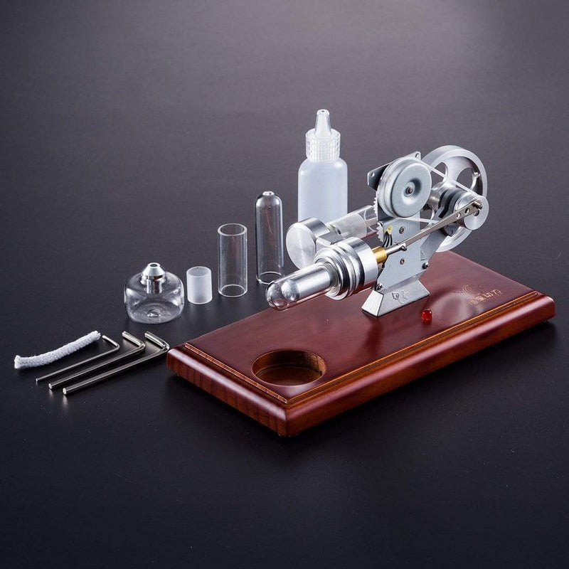 Hot Air Stirling Engine Kit Education Toy With Brown Solid Wood Baseplate - stirlingkit