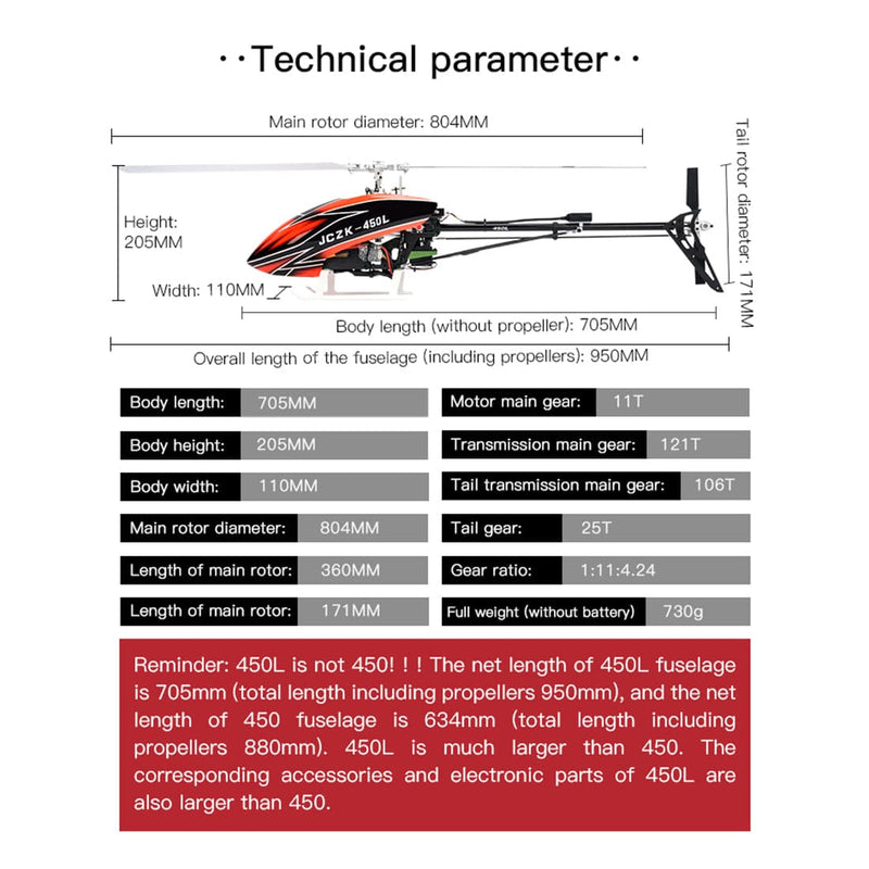 JCZK 450L DFC 2.4G 6CH 3D Aerobatics RC Helicopter Flybarless Airplane - stirlingkit