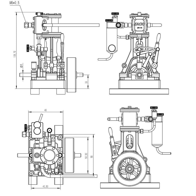 KACIO LS1-14 Inline Single Cylinder Reciprocating Steam Engine Piston Engines Model for 60cm+ Boat Ship (without Boiler) - stirlingkit