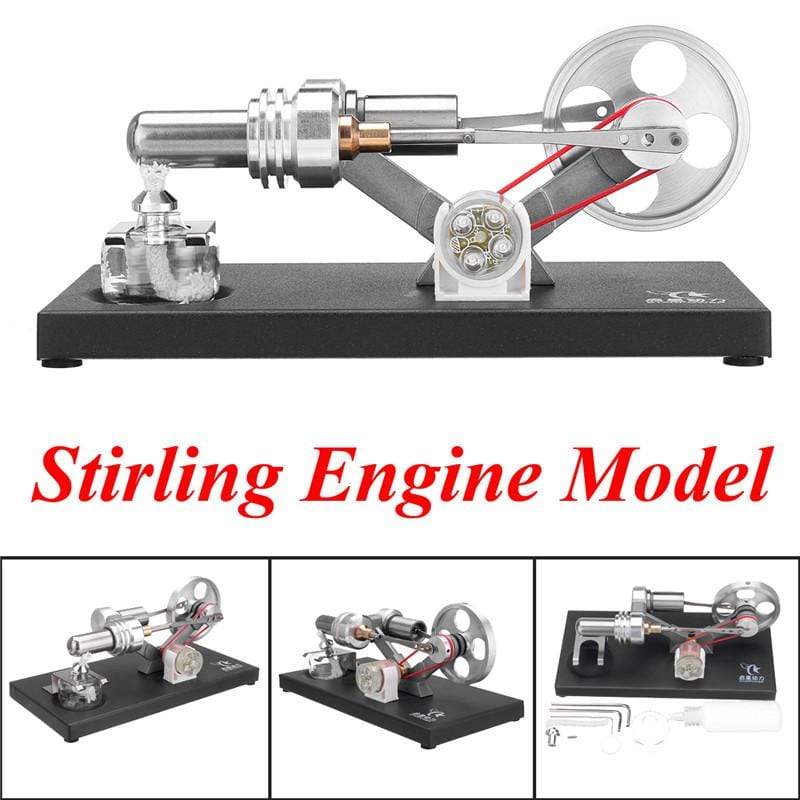 Stirling Engine Kit DIY Metal Cylinder With 4Pcs LED Light Black Metal Baseplate Stem Steam Model Set - stirlingkit