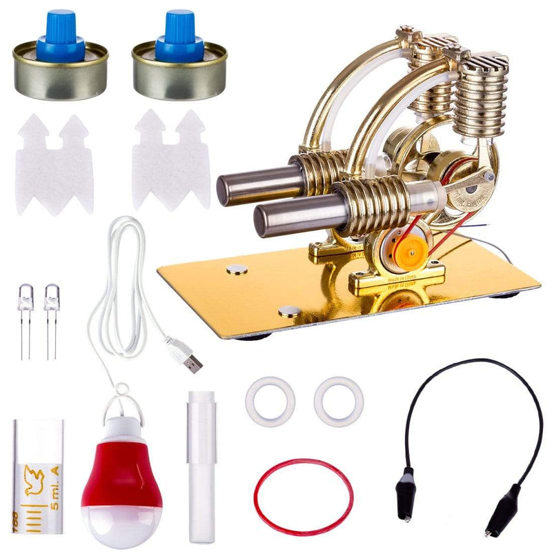 Stirling Engine Model Kit L-Shape Double Cylinders with All-metal Base and Big Bulb - stirlingkit