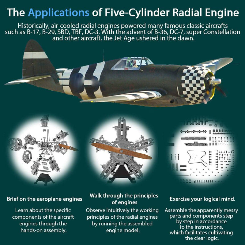 TECHING DIY 5 Cylinder Electric Mechanical Aircraft Radial Engine Model Kits That Runs 250+pcs - stirlingkit