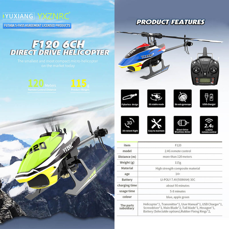 YU XIANG F120 2.4G 6CH Aircraft Direct Drive Brushless RC Helicopter Model RTF - stirlingkit